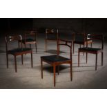 A SET OF SIX ROSEWOOD RAIL BACK DING CHAIRS, BY JOHANNES ANDERSON, DANISH 1960s, the ribbon tied