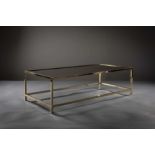 A GILT METAL RECTANGULAR COFFEE TABLE EN SUITE, FRENCH 1970S, with two tier inset bronzed mirrored