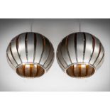 A PAIR OF METAL PENDANT LIGHTS,  IN THE MANNER OF LOUIS WEISDORFF, 90cm high x 40cm (diam)