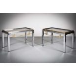 A PAIR OF CHROME AND GILT SIDE TABLES, FRENCH 1970s, the inset smoked glass tops, on geometric