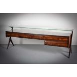 A FINE ROSEWOOD DRESSING TABLE, ITALIAN 1960s, BY VITTORIO DASSI, the murano glass top shelf on a