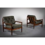 A FINE TEAK THREE PIECE SUITE, DANISH 1970s, the railed backs with shaped arms, on tapering legs,