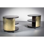 A PAIR OF ROSEWOOD AND GILT THREE TIER CIRCULAR LOW TABLES, ITALIAN 1960s, on castors, 47cm diam x