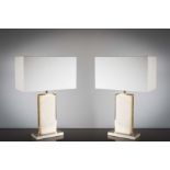 A PAIR OF TABLE LAMPS, FRENCH 1970s, of tablet form with gilt trims, 54cm high