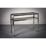 A CHROME AND GILT TWO TIER CONSOLE TABLE, ITALIAN 1960s, with mirrored shelves, 110cm (w) x 40cm (d)