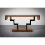A LACQUERED WALNUT CONSOLE TABLE, IN ART DECO STYLE, of angular form, on plinth base, 140cm (h) x