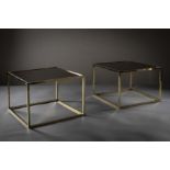 A PAIR OF GILT METAL SQUARE TABLES, FRENCH, 1970s, with inset bronzed mirrored tops, 60cm x 60 cm