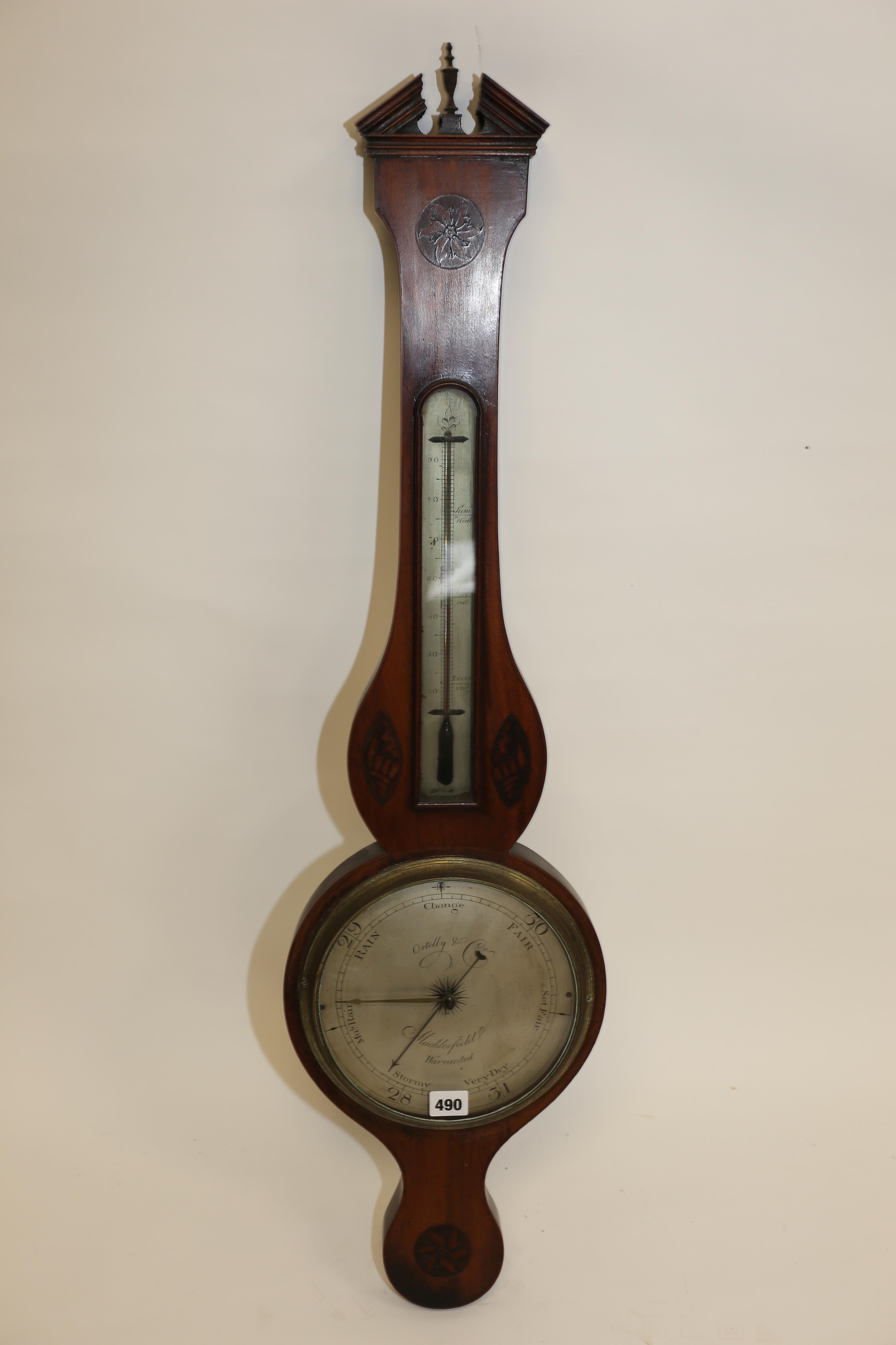 ORTELLY & CO, MACCLESFIELD, AN EARLY 19TH CENTURY MAHOGANY SHELL INLAY BANJO BAROMETER,