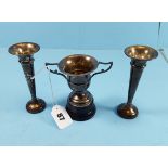 A SMALL SILVER DOUBLE HANDLED TROPHY CUP,