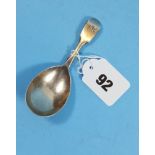 AN EARLY VICTORIAN SILVER FIDDLE-PATTERN CADDY SPOON, engraved initials, maker:- RW, London 1846.