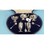 A GEORGE V SILVER FIVE-PIECE CONDIMENT SET, ribbed body, comprising:- Mustard pot and cover,