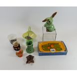 A 20TH CENTURY GREEN GLAZED SYLVAC BUNNY, No 1302, 5 1/2 ins high, a small carlton-ware BASKET,