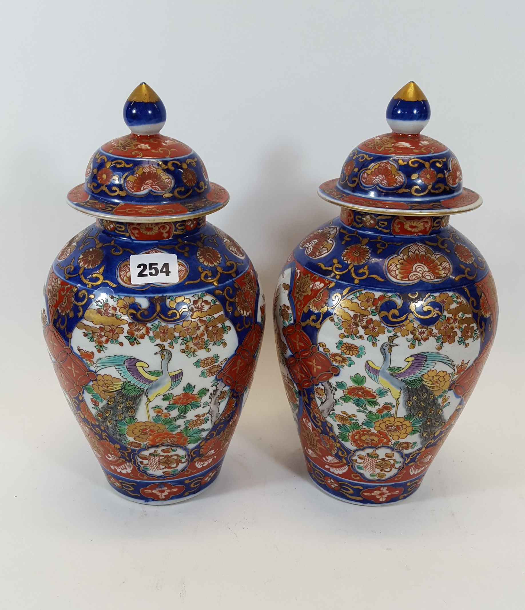 A PAIR OF LATE 19TH CENTURY JAPANESE IMARI PORCELAIN VASES AND COVER decorated with panels of long