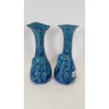 A PAIR OF UNUSUAL LATE 19TH CENTURY CONTINENTAL BLUE GLAZED VASES decorated with raised mice,