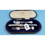 A GEORGE V SILVER THREE-PIECE CHRISTENING SET comprising:- KNIFE, dog-nose SPOON AND FORK,