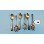 A SET OF SIX GEORGIAN III BRIGHT CUT SILVER TEASPOONS, maker:- Peter, Ann & William Bateman,