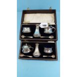 TWO BOXED THREE-PIECE SILVER CONDIMENT SET each comprising mustard pot and cover,