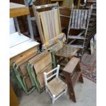 Collection of furniture to include deck chairs, ladders, step, child chair,