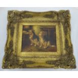 An oil on canvas depicting two dogs next to a fire side in a gilt frame with 2 dogs R Fint