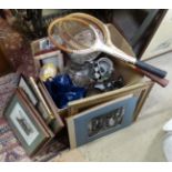 A box of miscellaneous to include ceramics, prints, glass, tennis rackets etc.