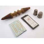 Needle work : Assorted sewing items to include 2 HM silver thimbles,
