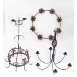 2 wrought iron candelabra together with candle stand and hanger CONDITION: Please