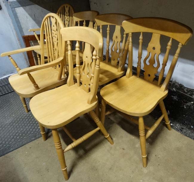 6 pine modern dining chairs to include two wheel back carvers (4+2) CONDITION: - Image 3 of 3