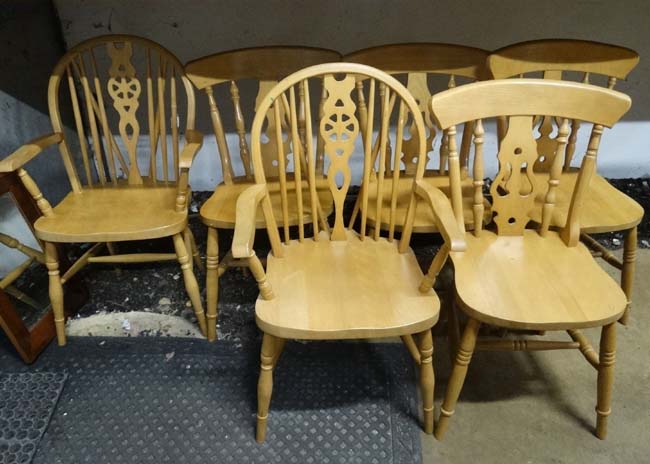 6 pine modern dining chairs to include two wheel back carvers (4+2) CONDITION: