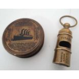 2st C Metal compass depicting Titanic together with whistle CONDITION: Please Note
