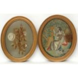 Regency oval silks, Two gilt framed needleworks,