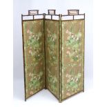 An early 20thC bamboo three-fold fabric Screen ,