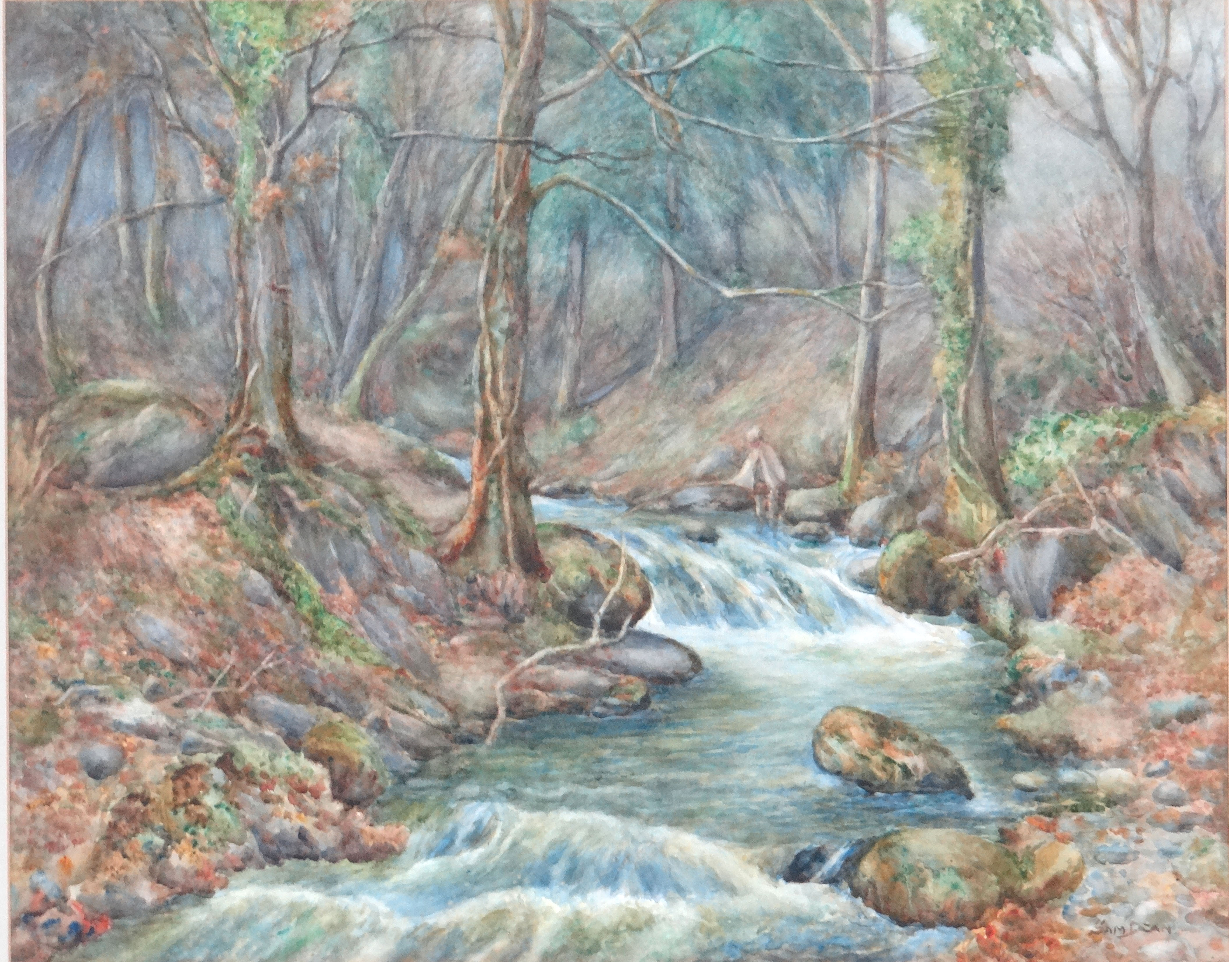 Sam Dean XX, Watercolour. Trout fishing on a woodland river. Signed lower right. - Image 5 of 5