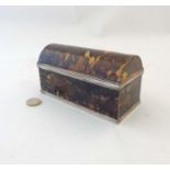 A silver plate and faux tortoiseshell hinged dome topped box 6" wide x 2 3/4" deep x 3 1/8" high