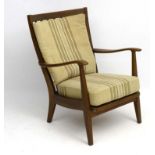 Vintage Retro : A Danish 1940's stained beech lounge chair with open arms and oatmeal stripped