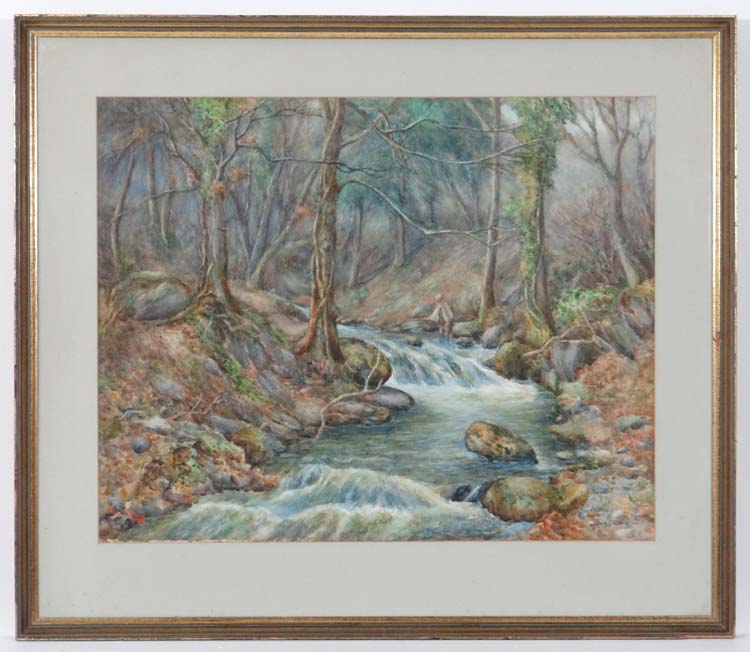 Sam Dean XX, Watercolour. Trout fishing on a woodland river. Signed lower right.