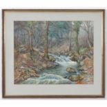 Sam Dean XX, Watercolour. Trout fishing on a woodland river. Signed lower right.