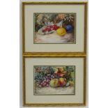 ME Morris , early XX, Watercolour ,a pair, Still life of fruit in a hedgerow, Both signed lower,