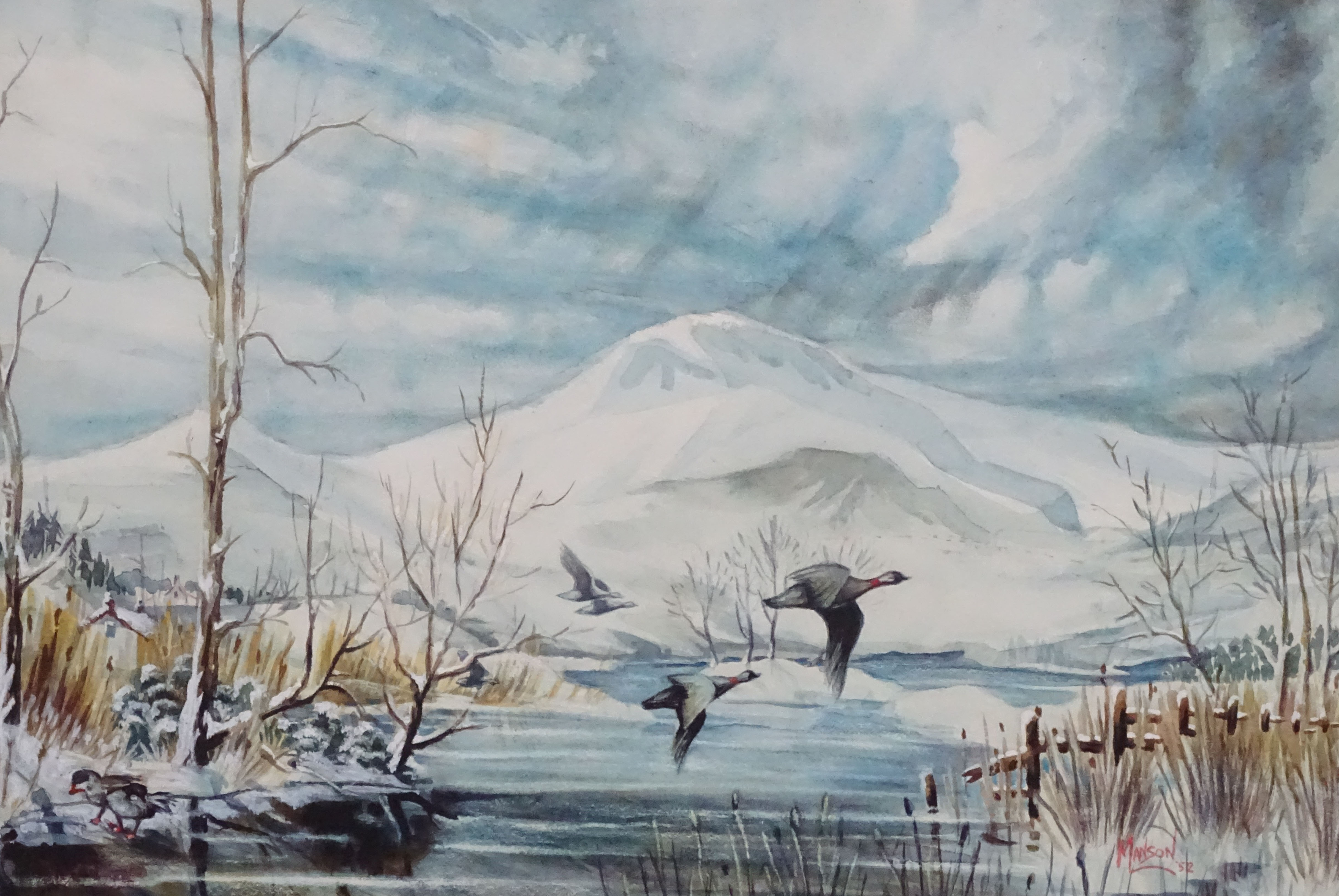 Manson '52', Watercolour and gouache, Wildfowl , ducks and geese , at a snow covered frozen lake, - Image 3 of 5