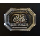 A 20thC Heinrich Hoffmann glass dish with intaglio tall ship decoration 2 3/4" wide