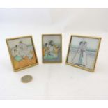 3 Indian miniatures each within gold brass frames, depicting figures and their wives.