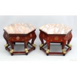 A pair of Chinese lacquered and gilded hexagonal stand with rouge and grey veined marble tops 21"