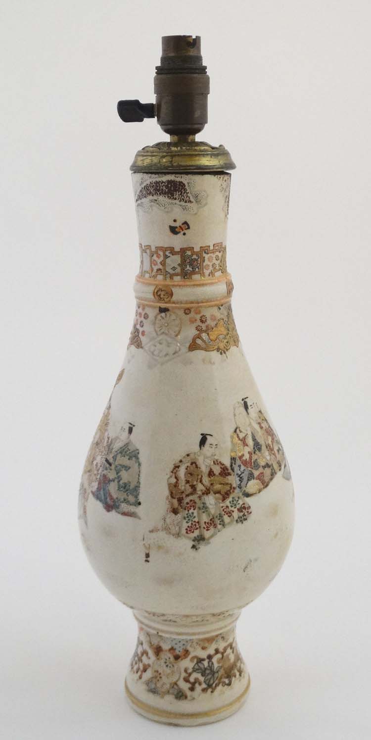 A Japanese Satsuma lamp base of baluster form , decorated with figures in robes and flowers, - Image 4 of 6