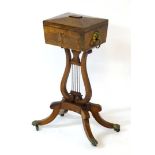 A late 18thC Neoclassical Sewing Box on lyre shaped stand.