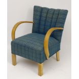 Vintage Retro :a Danish 1930's blue check open armchair with sprung seat ,
