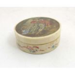 XVIII Ivory Patch Box : a hand painted circular lidded dressing table box with image to top of a