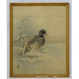 Early XX Japanese School, Watercolour, A duck in the snow,