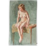 XX Portrait School, Watercolour, 'The artist's model ', nude sat on a table, Ascribed verso.
