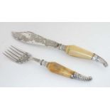 Victorian silver plated fish servers with silver mounted ivory handle with silver collar.