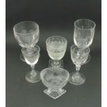 Assorted glassware to include a small hob nail cut drinking glass of pedestal form on a squared