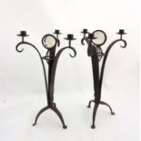 Wrought Iron Candelabra: a pair of wrought iron table candelabra of three sectional form ,